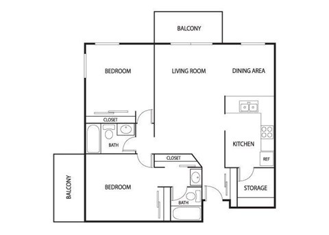 Floor plan for 2 beds, 2 baths, 1049 sqft