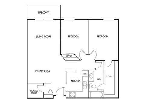 Floor plan for 2 beds, 1 bath, 990 sqft
