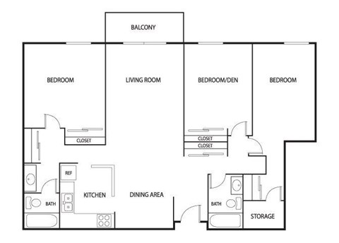 Floor plan for 3 beds, 2 baths, 1232 sqft