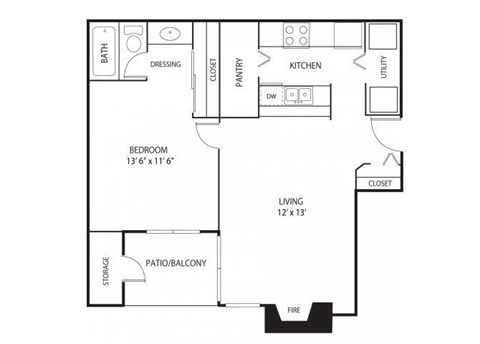 Floor plan for 1 bed, 1 bath, 628 sqft