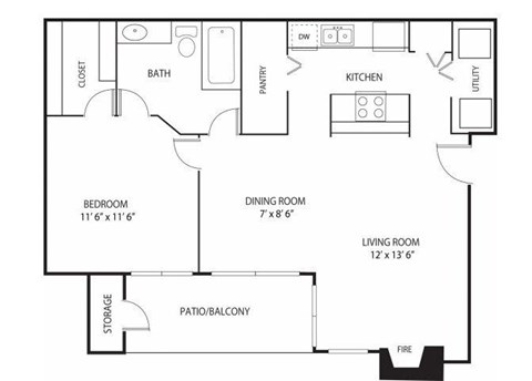 Floor plan for 1 bed, 1 bath, 725 sqft