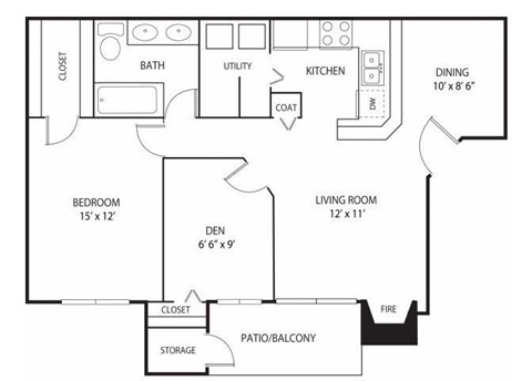 Floor plan for 1 bed, 1 bath, 880 sqft