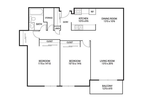 Floor plan for 2 beds, 1 bath, 1015 sqft
