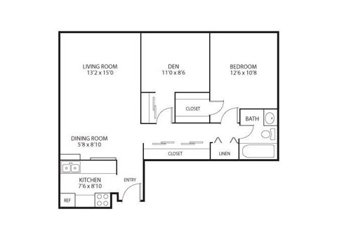 Floor plan for 1 bed, 1 bath, 850 sqft