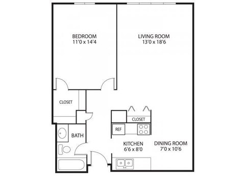 Floor plan for 1 bed, 1 bath, 730 sqft