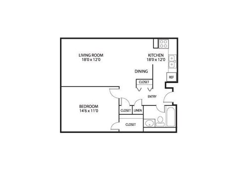 Floor plan for 1 bed, 1 bath, 670 sqft
