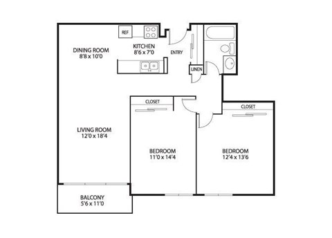 Floor plan for 2 beds, 1 bath, 940 sqft