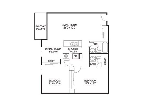 Floor plan for 2 beds, 2 baths, 1175 sqft