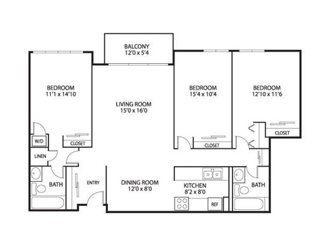 Floor plan for 3 beds, 2 baths, 1360 sqft