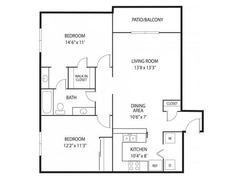 Floor plan for 2 beds, 1.3 baths, 1020 sqft