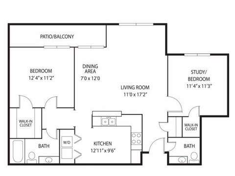 Floor plan for 2 beds, 1.5 baths, 1059 sqft