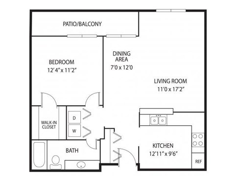 Floor plan for 1 bed, 1 bath, 860 sqft