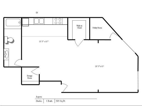 Floor plan for studio, 1 bath, 602 sqft
