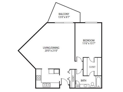 Floor plan for 1 bed, 1 bath, 940 sqft