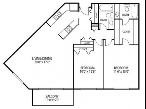 Floor plan for 2 beds, 2 baths, 1132 sqft