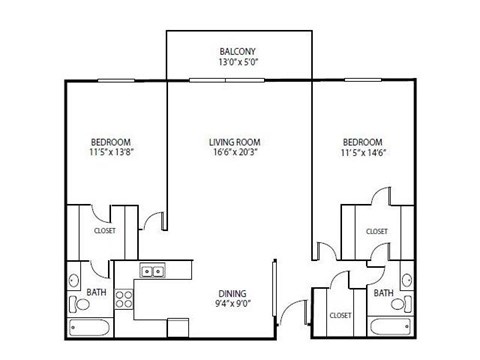 Floor plan for 2 beds, 2 baths, 1227 sqft