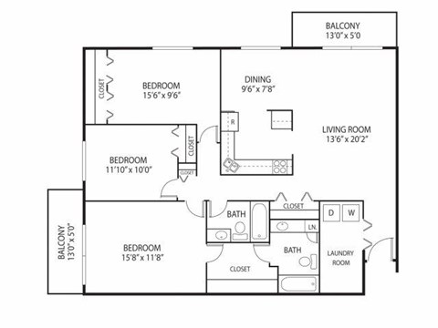 Floor plan for 3 beds, 2 baths, 1361 sqft