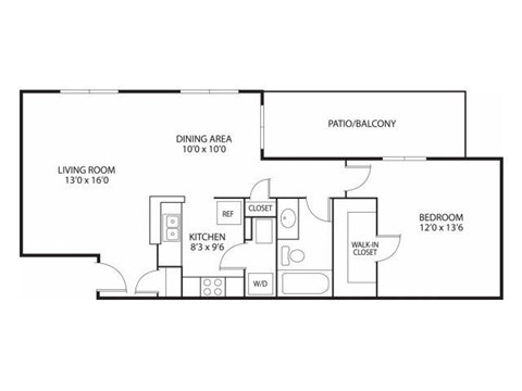 Floor plan for 1 bed, 1 bath, 960 sqft