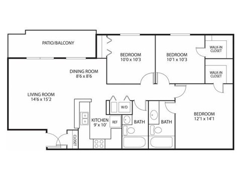 Floor plan for 3 beds, 2 baths, 1200 sqft