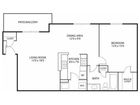 Floor plan for 1 bed, 1 bath, 880 sqft