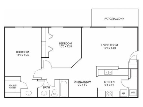 Floor plan for 2 beds, 1 bath, 1040 sqft
