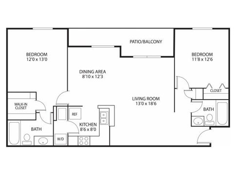 Floor plan for 2 beds, 2 baths, 1130 sqft