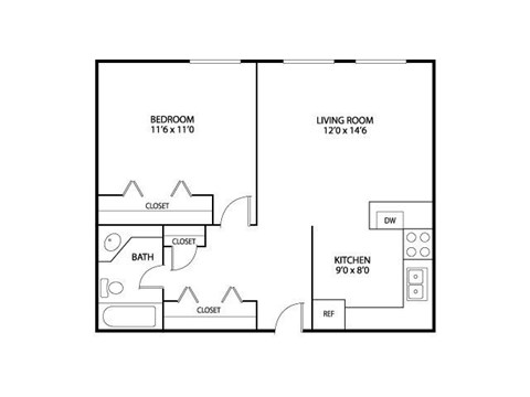 Floor plan for 1 bed, 1 bath, 525 sqft