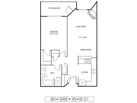 Floor plan for 1 bed, 1 bath, 688 sqft