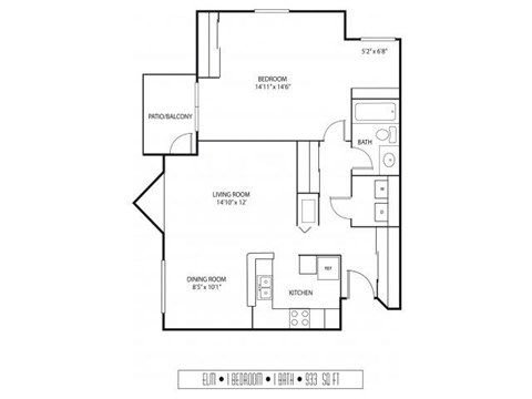 Floor plan for 1 bed, 1 bath, 933 sqft