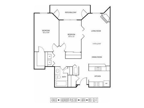 Floor plan for 1 bed, 1 bath, 893 sqft