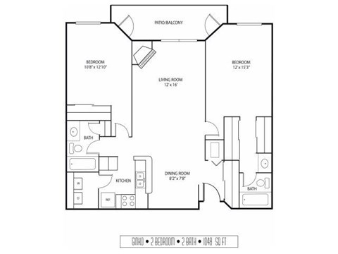 Floor plan for 2 beds, 2 baths, 1048 sqft