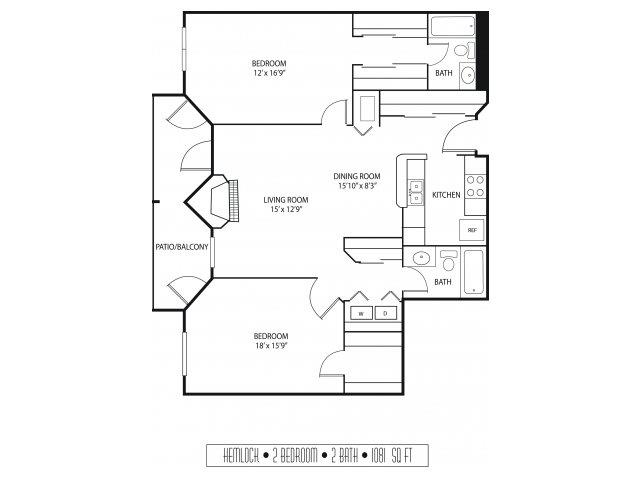 Floor plan for 2 beds, 2 baths, 1081 sqft
