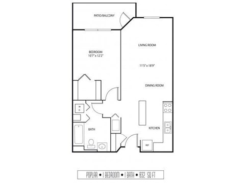 Floor plan for 1 bed, 1 bath, 688 sqft