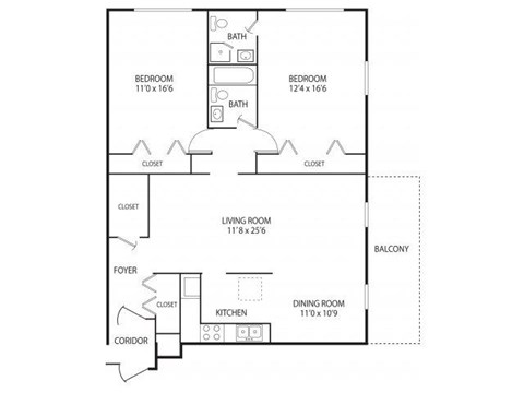 Floor plan for 2 beds, 2 baths, 1185 sqft