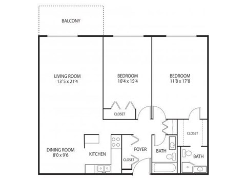 Floor plan for 2 beds, 2 baths, 1152 sqft