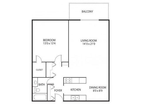 Floor plan for 1 bed, 1 bath, 848 sqft