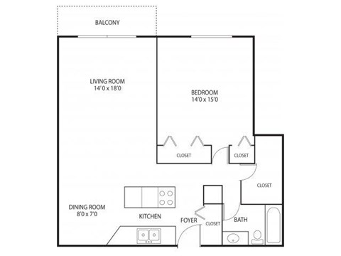 Floor plan for 1 bed, 1 bath, 900 sqft