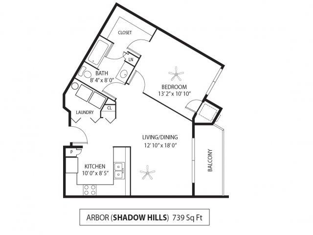 Floor plan for 1 bed, 1 bath, 739 sqft