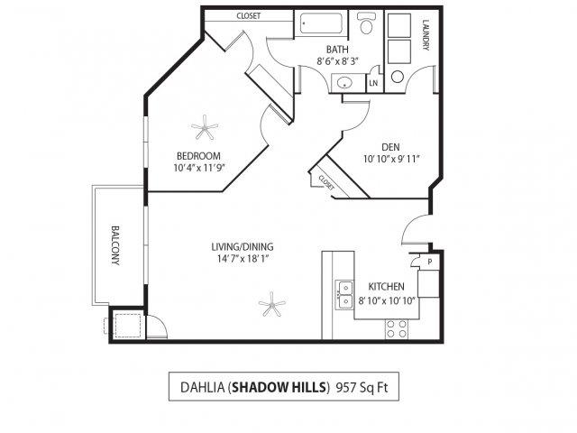 Floor plan for 1 bed, 1 bath, 957 sqft