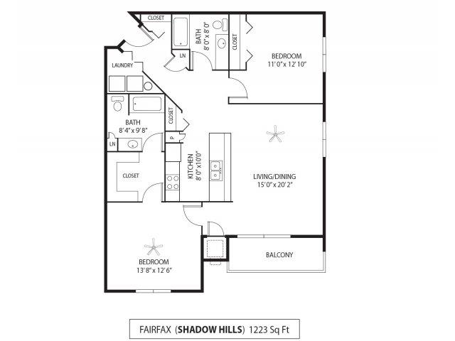 Floor plan for 2 beds, 2 baths, 1223 sqft