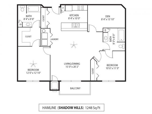 Floor plan for 2 beds, 2 baths, 1248 sqft