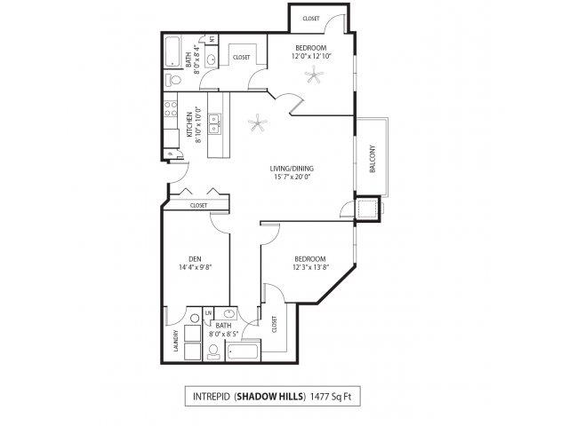 Floor plan for 2 beds, 2 baths, 1477 sqft
