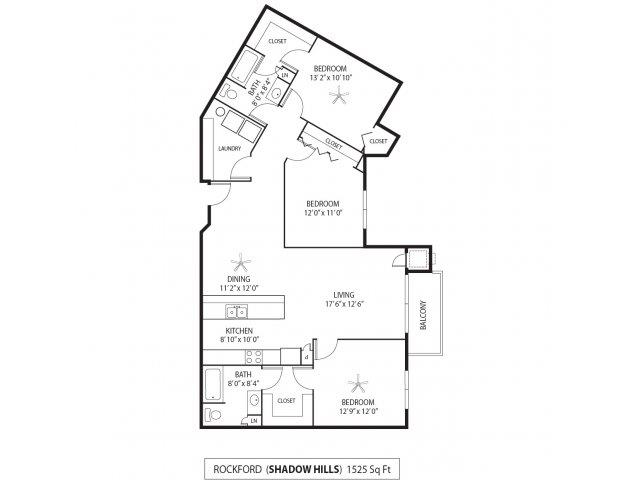 Floor plan for 3 beds, 2 baths, 1525 sqft