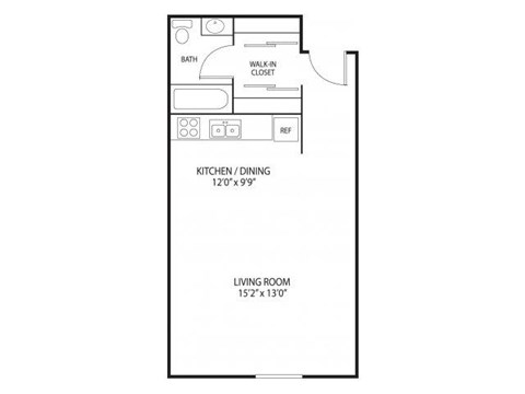 Floor plan for studio, 1 bath, 500 sqft