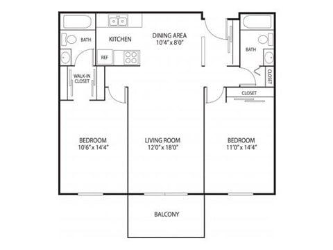 Floor plan for 2 beds, 2 baths, 1000 sqft