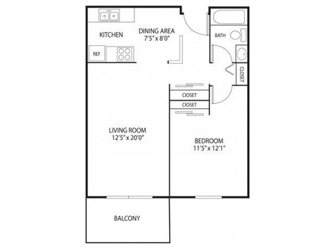 Floor plan for 1 bed, 1 bath, 700 sqft