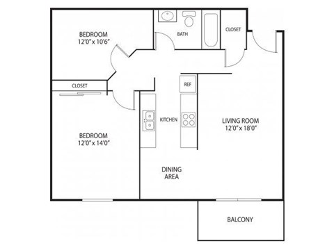 Floor plan for 2 beds, 1 bath, 800 sqft