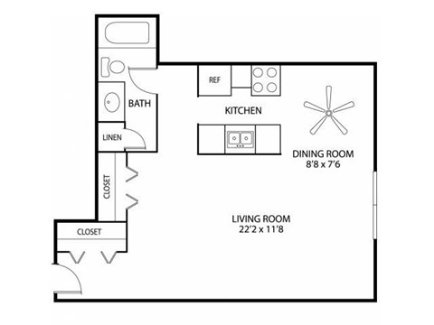 Floor plan for studio, 1 bath, 670 sqft