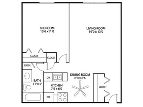 Floor plan for 1 bed, 1 bath, 750 sqft