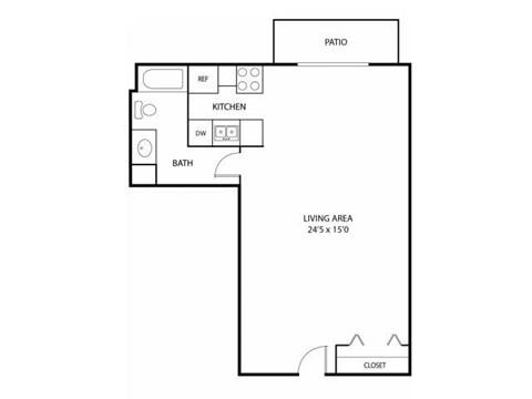 Floor plan for studio, 1 bath, 640 sqft